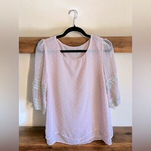 Pink Dotted Organza Sheer 3/4 Sleeve Lace Blouse